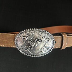 Nocona Boots Brown Silver Western Bull Rider Belt Buckle Size 28